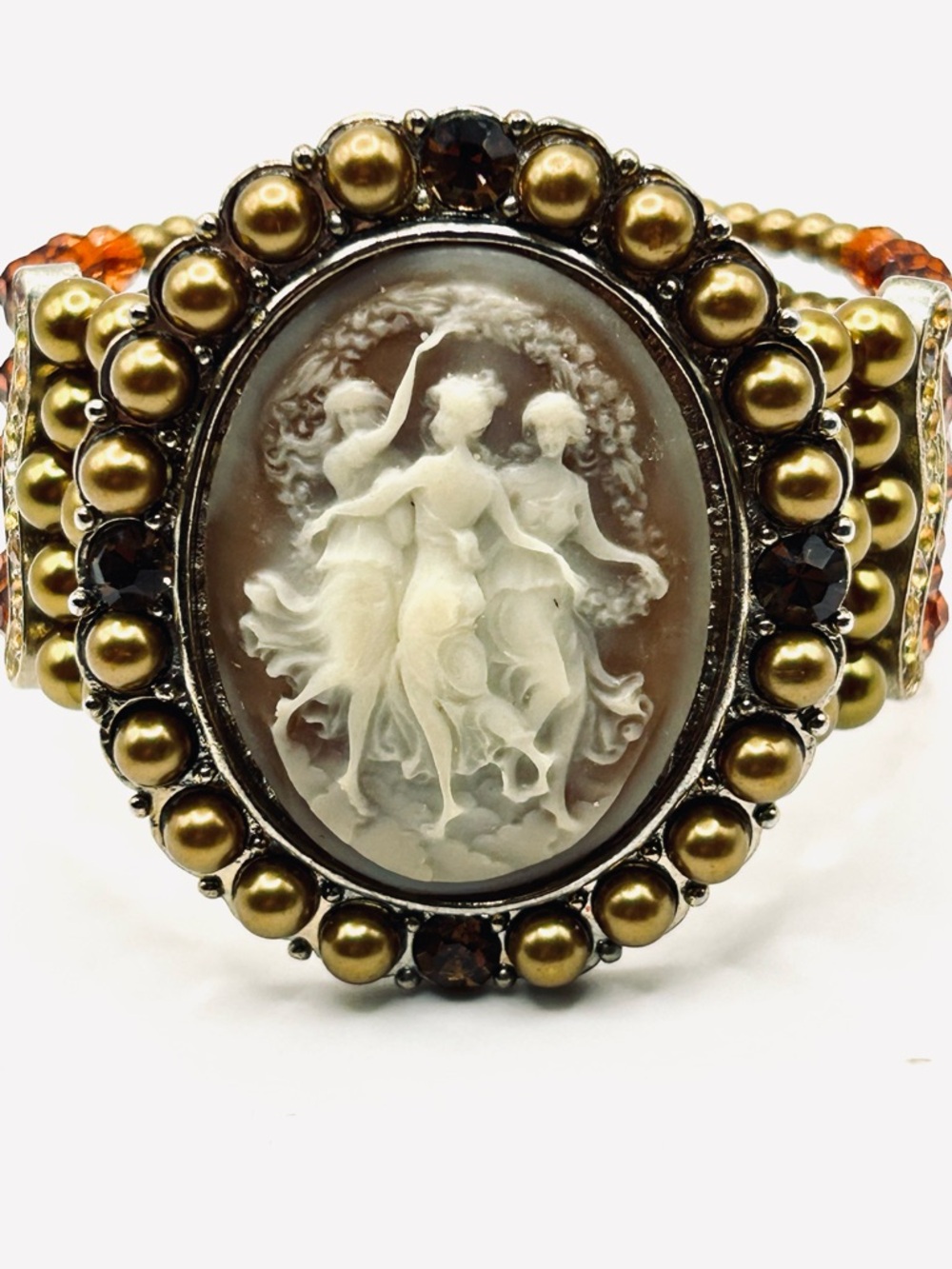 Mystical Vintage Style Three Muses Art Deco Cameo Beaded Cuff Bracelet